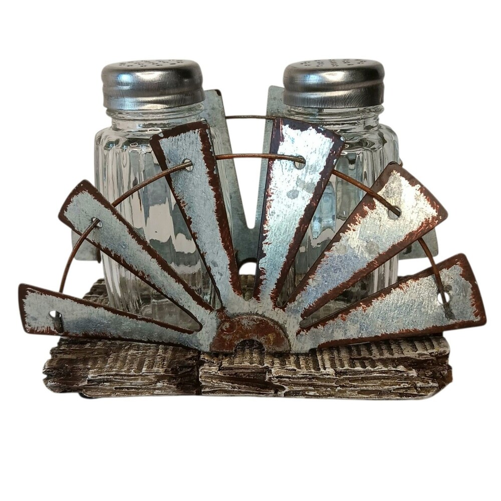Rustic Windmill Salt And Pepper Shaker Set Metal And Wood Look Resin Farmhouse